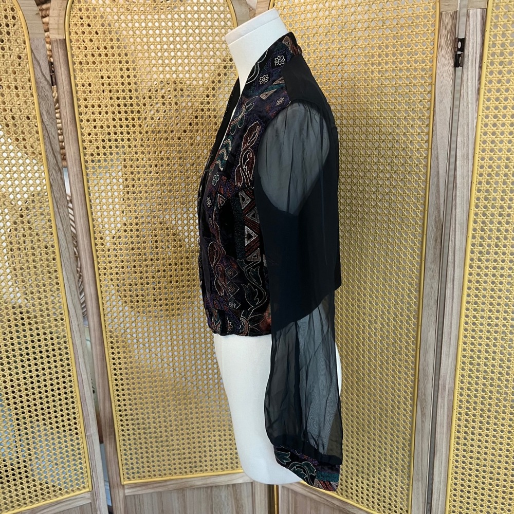 Vintage By Choice Black Velvet Sheer Sleeve Beaded Patchwork Cropped Blazer S - Picture 5 of 11